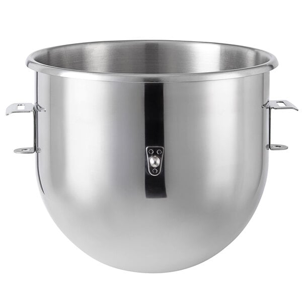 A Hobart stainless steel mixing bowl with a handle.