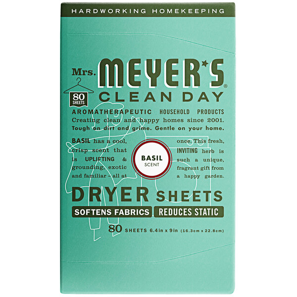 A white box of Mrs. Meyer's Clean Day basil dryer sheets with a green and white label.