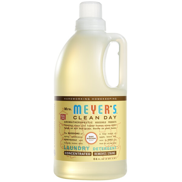 A white Mrs. Meyer's Clean Day Baby Blossom laundry detergent jug with a label.