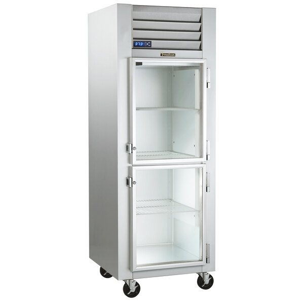 A white Traulsen G Series reach-in refrigerator with glass doors.