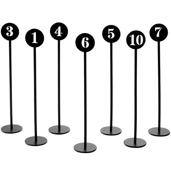 American Metalcraft black metal table stands with stamped-out numbers 1 to 10.