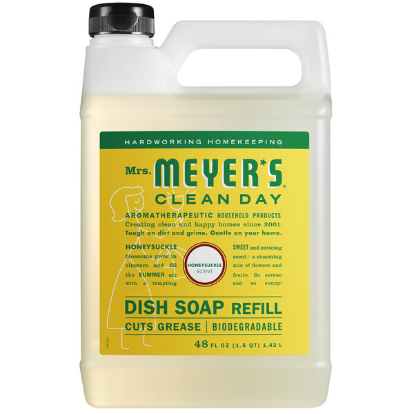 A white plastic jug of Mrs. Meyer's Honeysuckle Scented Dish Soap with a yellow label.