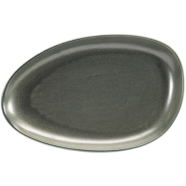 A sage green porcelain oval plate with a black rim.