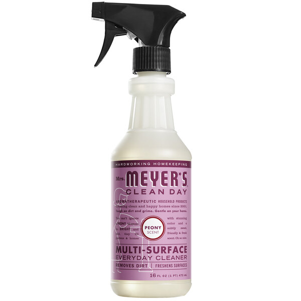 A white Mrs. Meyer's Clean Day bottle with a purple label for Peony All Purpose Multi-Surface Cleaner.