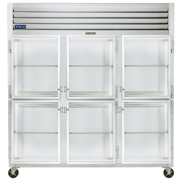 A stainless steel Traulsen G Series reach-in refrigerator with three glass doors.