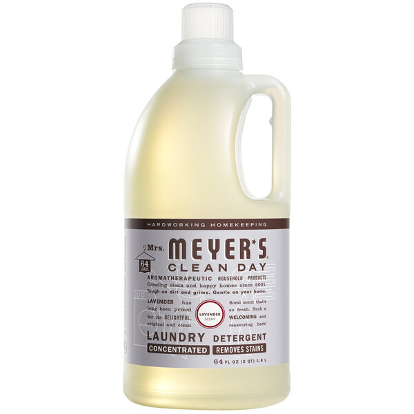 A white bottle of Mrs. Meyer's Clean Day Lavender Laundry Detergent.