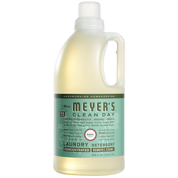 A white jug of Mrs. Meyer's Clean Day basil laundry detergent with a green label.