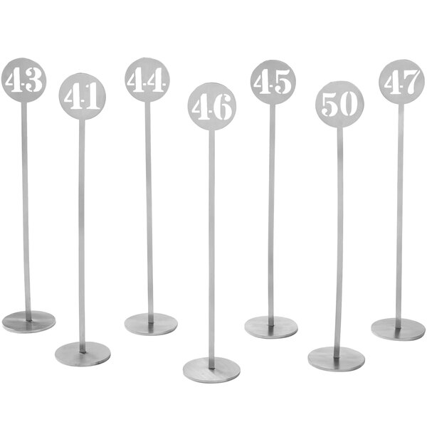 American Metalcraft silver metal number table stands with numbers 41 through 50 on a white pole.
