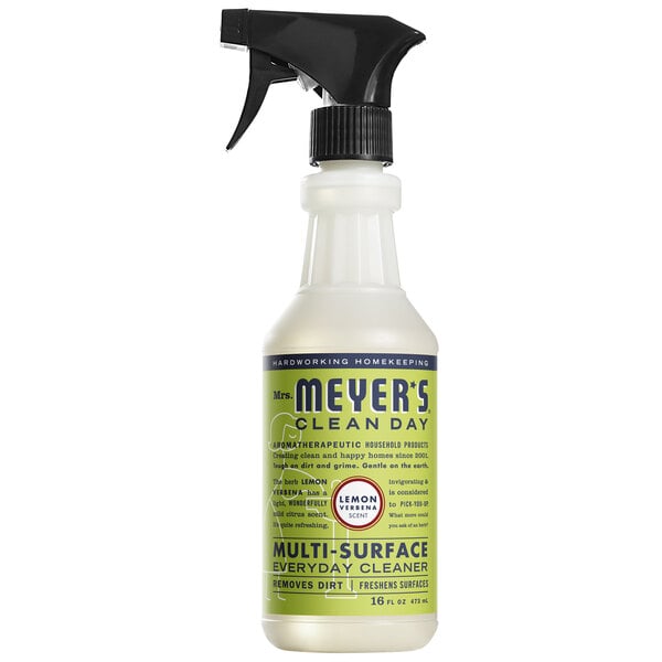A white Mrs. Meyer's Clean Day spray bottle with a black sprayer and green label.