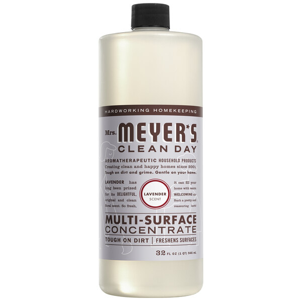 A white bottle of Mrs. Meyer's Lavender Multi-Surface Cleaner Concentrate on a counter.