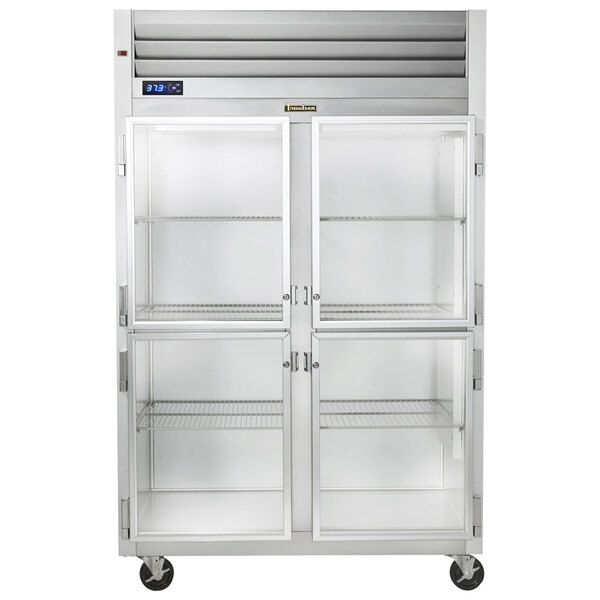 A Traulsen G Series reach-in refrigerator with glass half doors.
