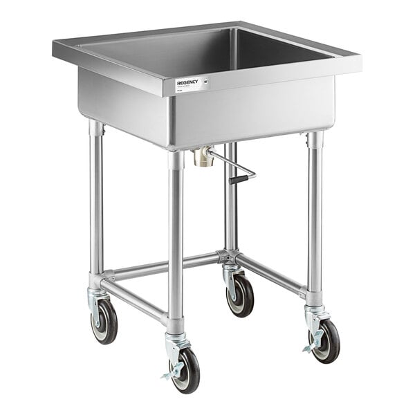 A stainless steel soaking sink with a deep square basin, mounted on four wheeled legs for mobility.