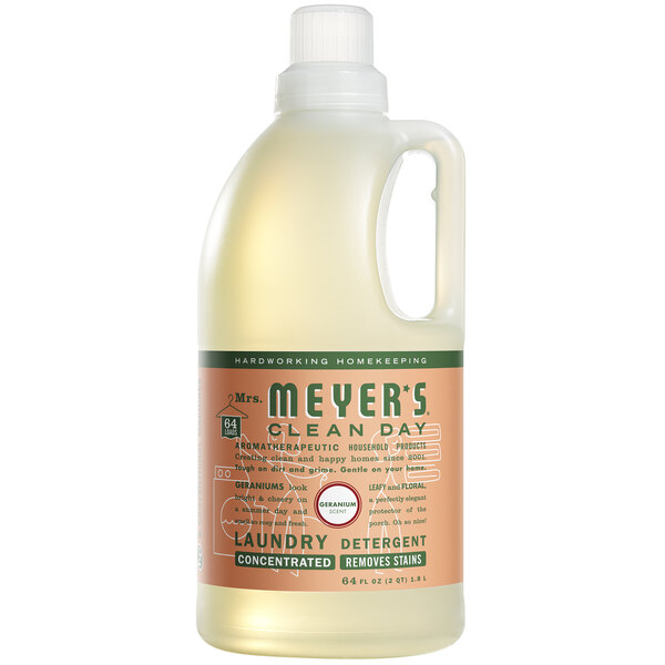A white jug of Mrs. Meyer's Clean Day geranium laundry detergent with a label.