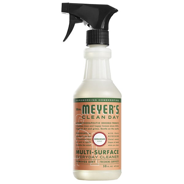 A white bottle of Mrs. Meyer's Geranium All Purpose Multi-Surface Cleaner with a black sprayer.