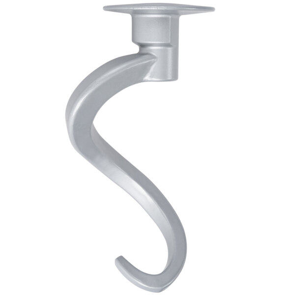 A silver dough hook with a round base.