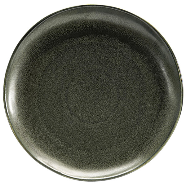 A sage green porcelain plate with a small black rim.