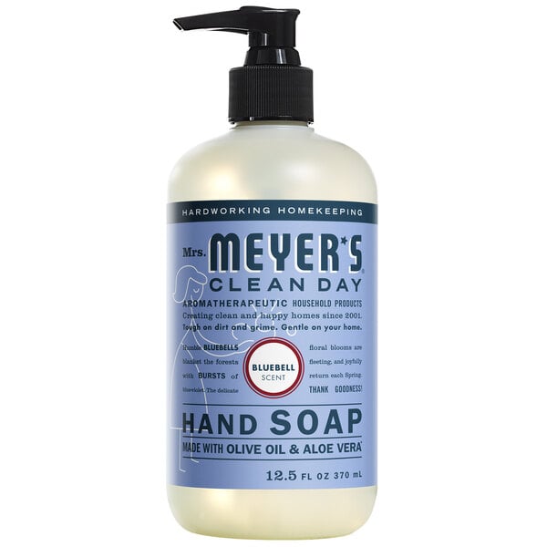 A bottle of Mrs. Meyer's Clean Day Blue Bell scented liquid hand soap with a pump.