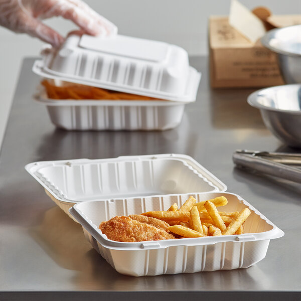 Square Microwaveable White Plastic Hinged Take-Out Container - 8