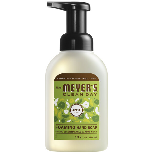 A white Mrs. Meyer's Clean Day foaming hand soap bottle with a green label and a black lid.
