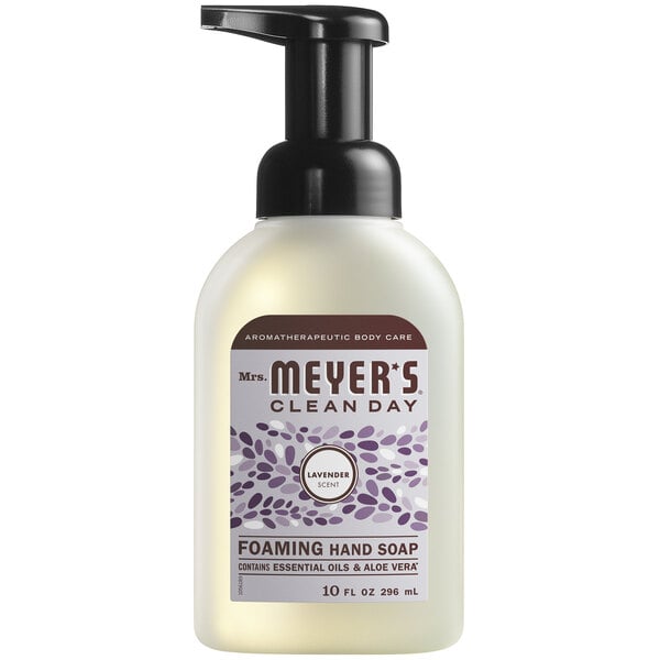 A white Mrs. Meyer's Clean Day Lavender Foaming Hand Soap bottle with a black pump.
