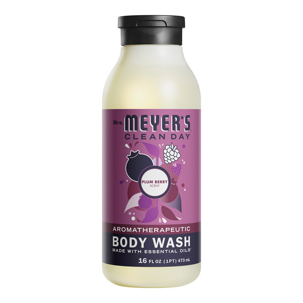 A bottle of Mrs. Meyer's Clean Day Plum Berry body wash with a purple label.