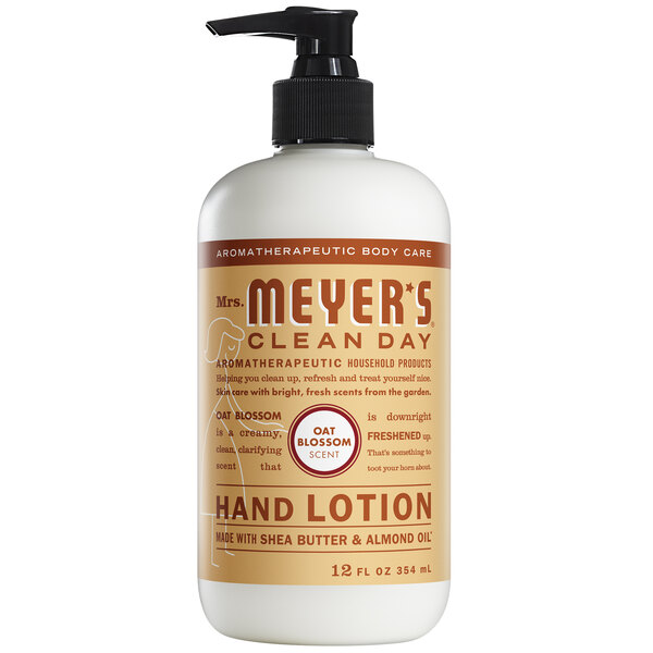 A white Mrs. Meyer's Clean Day hand lotion bottle with a brown label and a black pump on a counter.