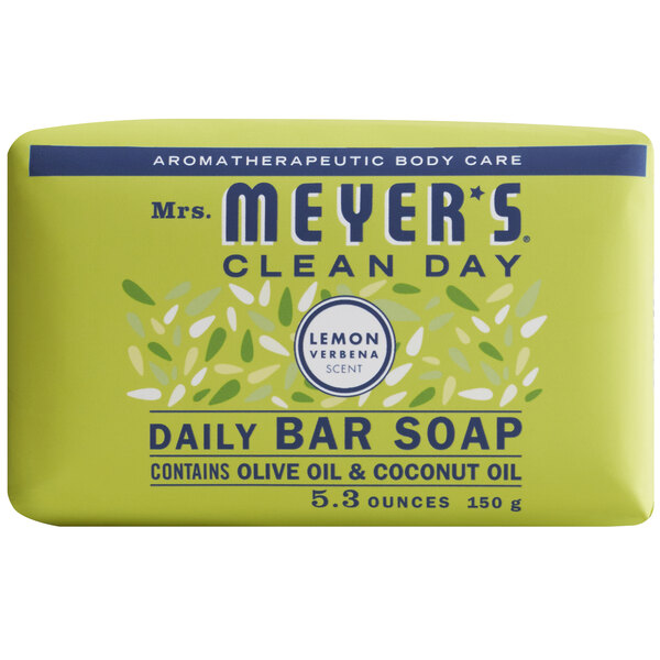 A Mrs. Meyer's Clean Day Lemon Verbena bar soap with a blue and white label.
