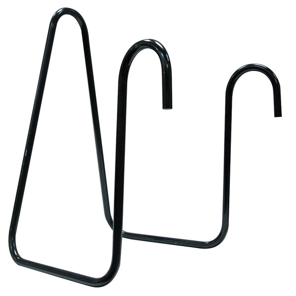 A white Sandia hose hanger with black metal hooks.
