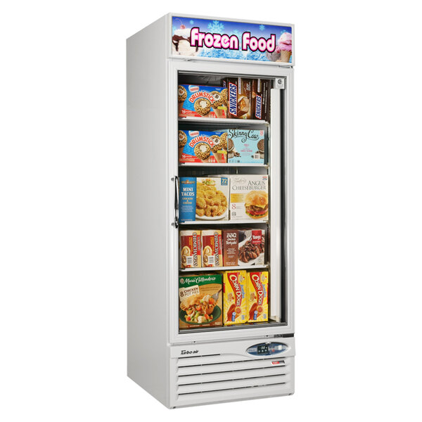 A white Turbo Air glass door freezer full of frozen food.