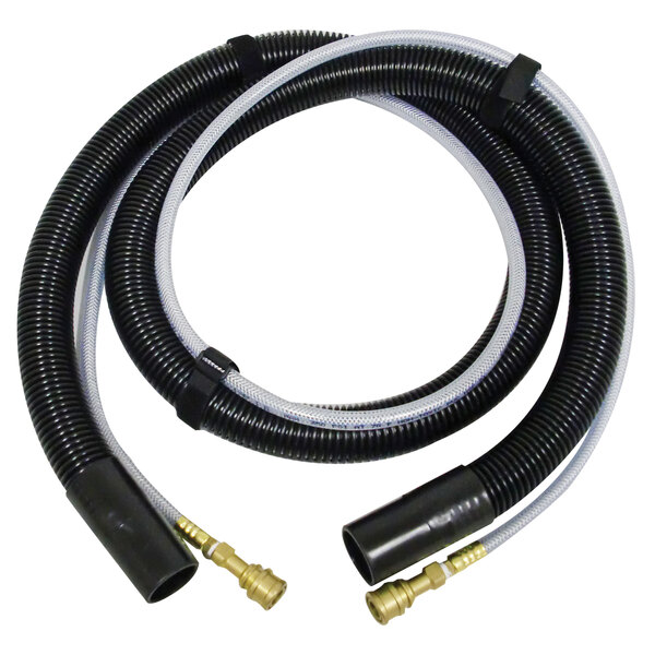 A black and white Sandia vacuum and solution hose with gold connectors.
