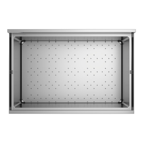 A rectangular stainless steel beer box with a perforated bottom and a 3-inch backsplash.