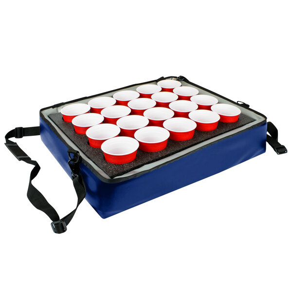 A blue Sterno insulated drink carrier holding red cups.