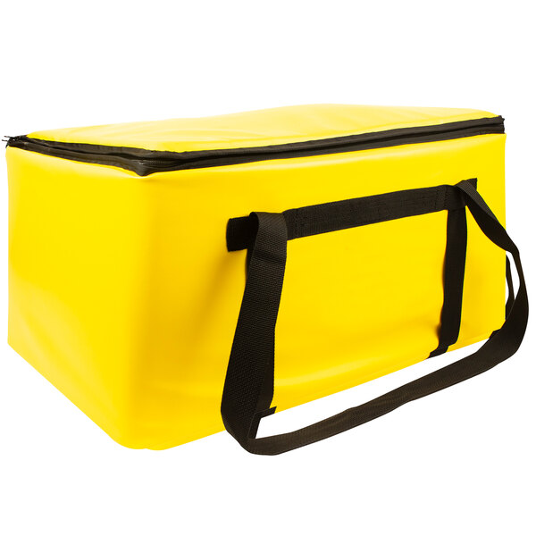 A yellow Sterno food carrier with black straps.