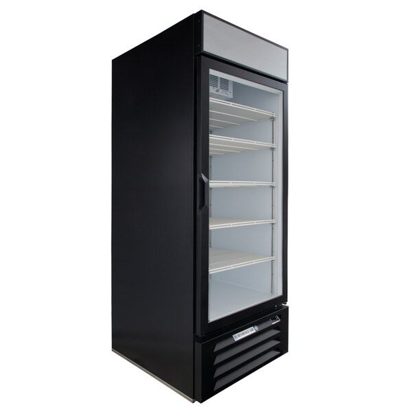 A black Beverage-Air MarketMax glass door refrigerator.