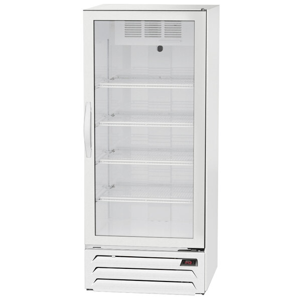 A white Beverage-Air market refrigeration with glass doors and shelves.