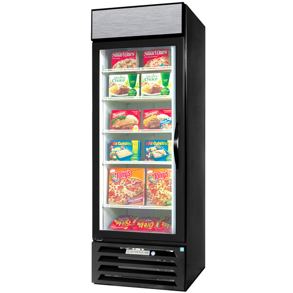 A Beverage-Air black glass door merchandising freezer with food on shelves.