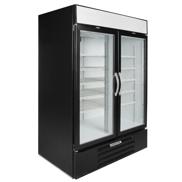 A black Beverage-Air glass door merchandising freezer.