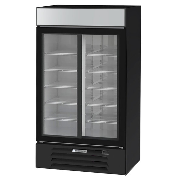 A black refrigerator with glass doors on a black rectangular object.