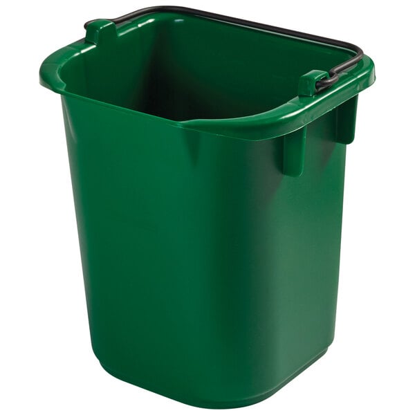 A green plastic pail with a black handle.