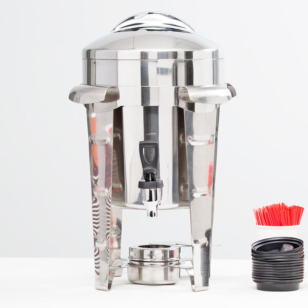 A Vollrath stainless steel coffee urn with stainless steel accents.