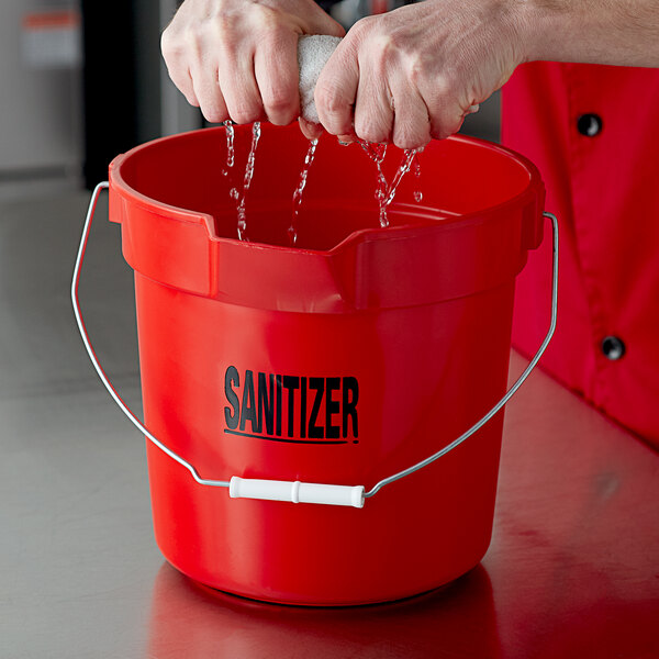 Continental 8110RDGM Huskee 10 Qt. Red Round Utility Bucket with "Sanitizer" Stamp