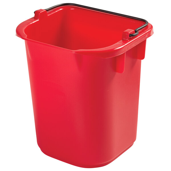 A red Rubbermaid heavy duty plastic pail with a black handle.