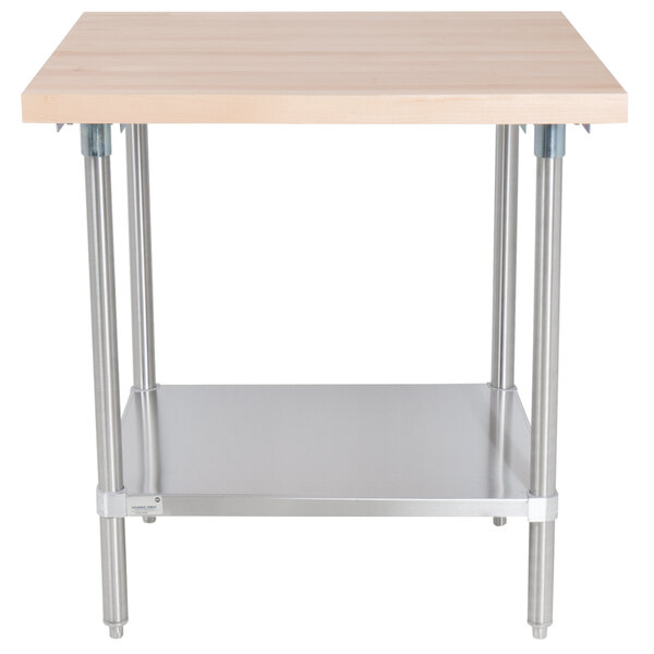 Advance Tabco H2S-303 Wood Top Work Table with Stainless Steel Base and Undershelf - 30" x 36"