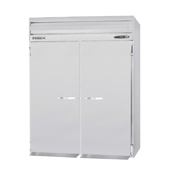 A Beverage-Air stainless steel roll-through refrigerator with two solid doors.