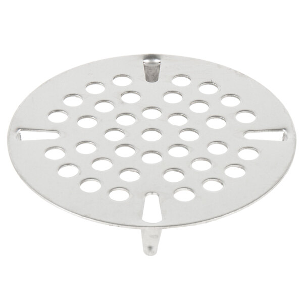 A stainless steel 3 1/2" flat strainer with holes.