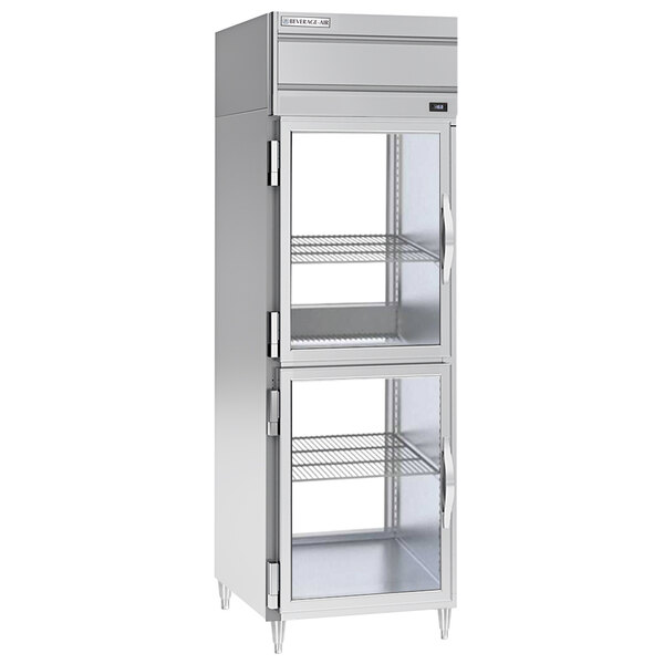 A Beverage-Air stainless steel pass-through refrigerator with glass half doors.