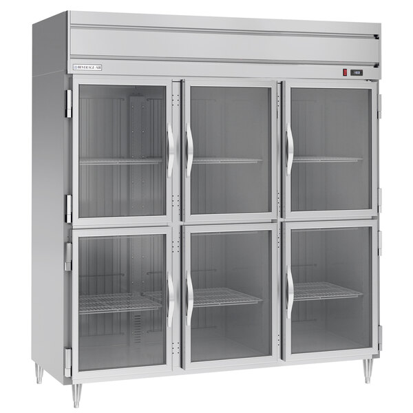 A Beverage-Air stainless steel reach-in freezer with glass doors.