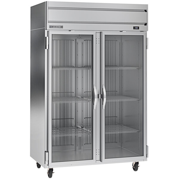 A Beverage-Air Horizon Series stainless steel reach-in freezer with glass doors.