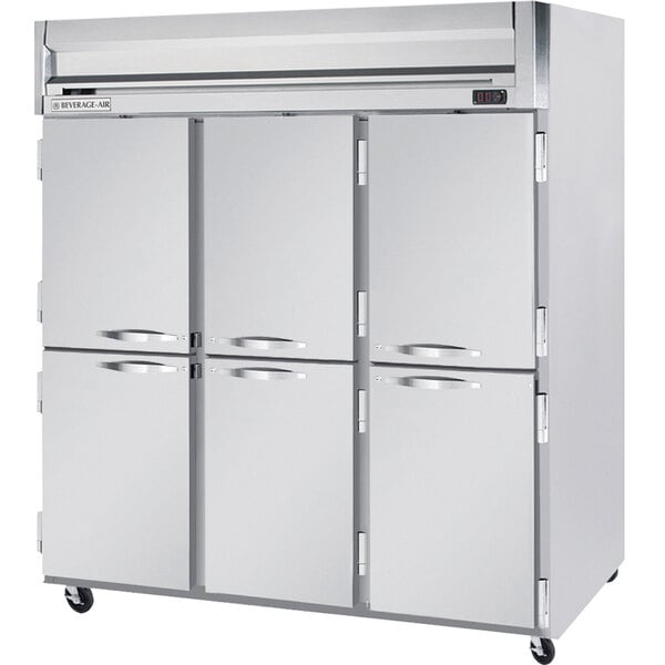 A white Beverage-Air reach-in freezer with silver handles on two half doors.