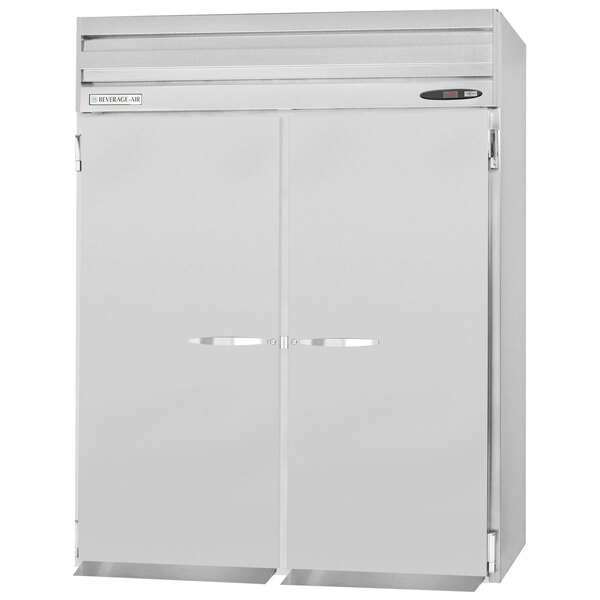A white rectangular Beverage-Air roll-in freezer with two stainless steel doors.